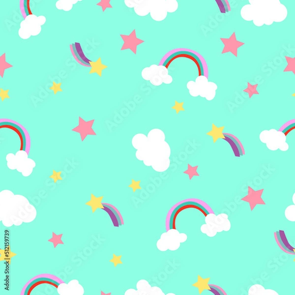 Fototapeta Childish pattern with rainbow and clouds. Stars. High quality vector illustration.