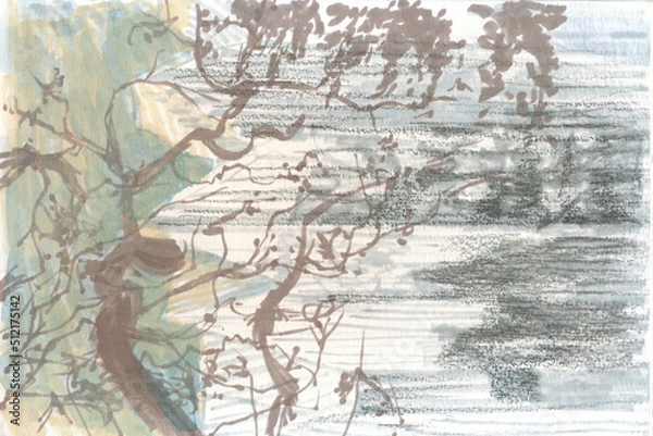 Fototapeta An hand drawn illustration, scanned picture - some lake and trees, landscape - pencil, marker and watercolor technique