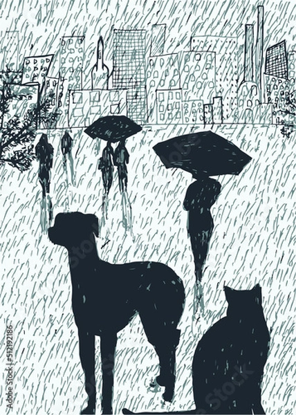 Obraz cat and dog under the rain vector illustration, wallpaper and background