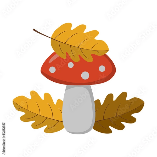 Obraz red mushroom (amanita) with leaves in vlet style. vector image.