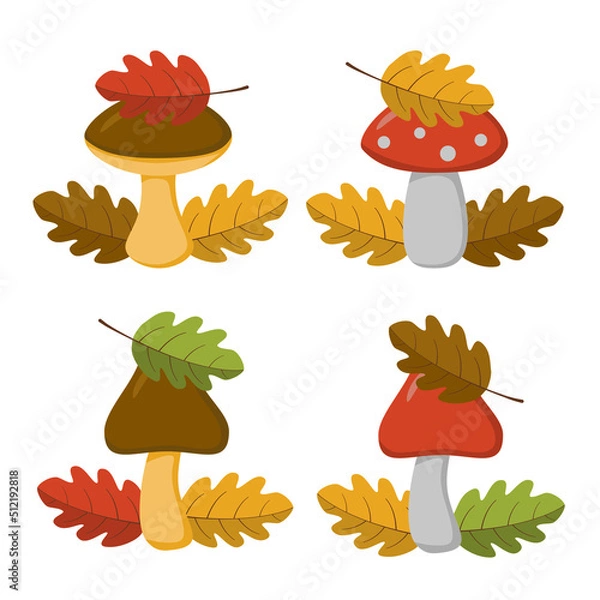 Obraz A set of brown and red mushrooms (boletus, fly agaric) with leaves in a flat style. Vector image.