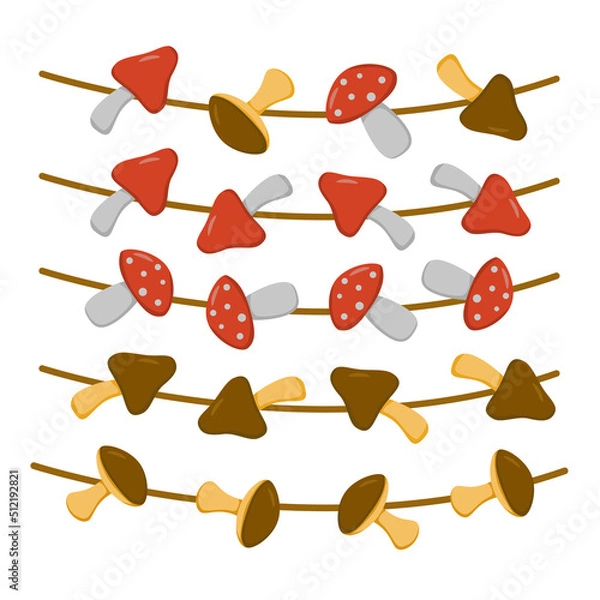 Obraz a set of mushrooms (red and brown) on a string in a flat style. Vector image.