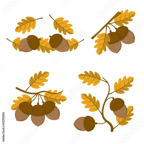 Obraz a set of acorns on a branch with yellow leaves in a flat style. Vector image.