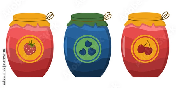 Obraz A set of jam jars with strawberries, blueberries and cherries in a flat style. reverse image.
