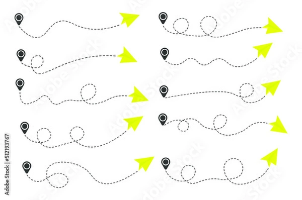 Fototapeta Set of dashed line paper airplane route with location icon