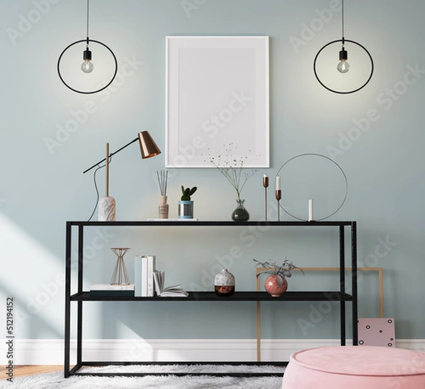 Fototapeta Frame mockup in modern room design, white poster on blue interior background, 3d render