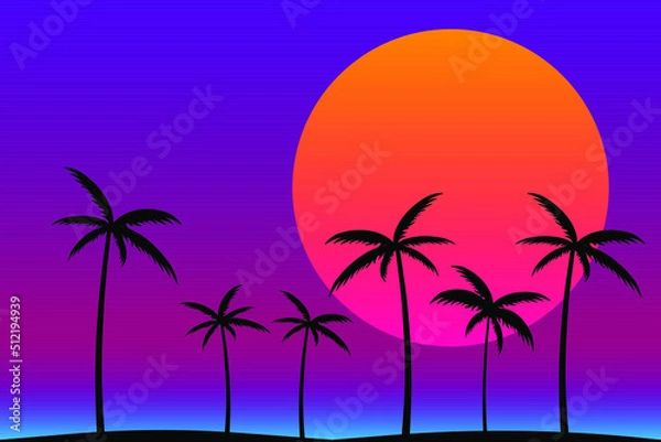 Fototapeta Silhouette of gradient palm trees in 80s style on a black background. Tropical palms isolated. Summer time. Design for posters, banners and promotional items. vector illustration
