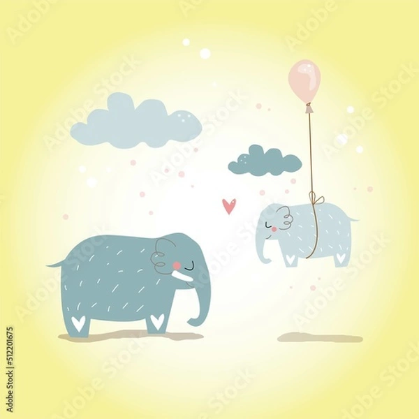 Fototapeta cute elephants, clouds and balloon