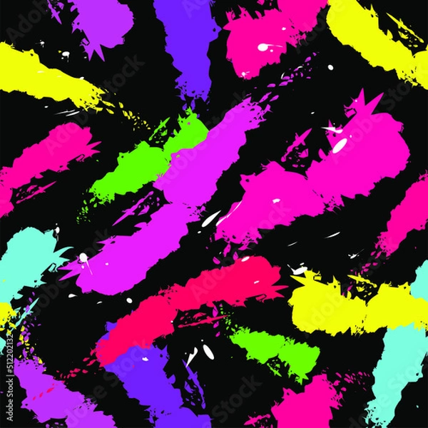 Fototapeta neon strokes on a black background. bright neon backdrop. spots, doodles, brush strokes, splashes, light green, pink, turquoise neon colors. contrast abstract vector background