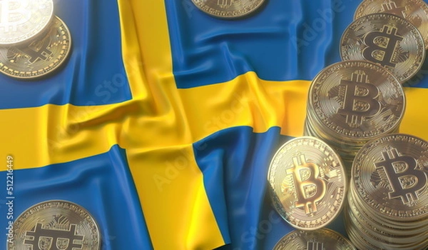 Fototapeta Flag of Sweden and bitcoin coins or tokens, cryptocurrency related 3D rendering