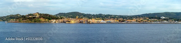 Obraz Panoramic view of the Castle, old town and port at the Mediterranean city of Saint-Tropez, France on the Cote d'Azur coastline of the French Riviera.