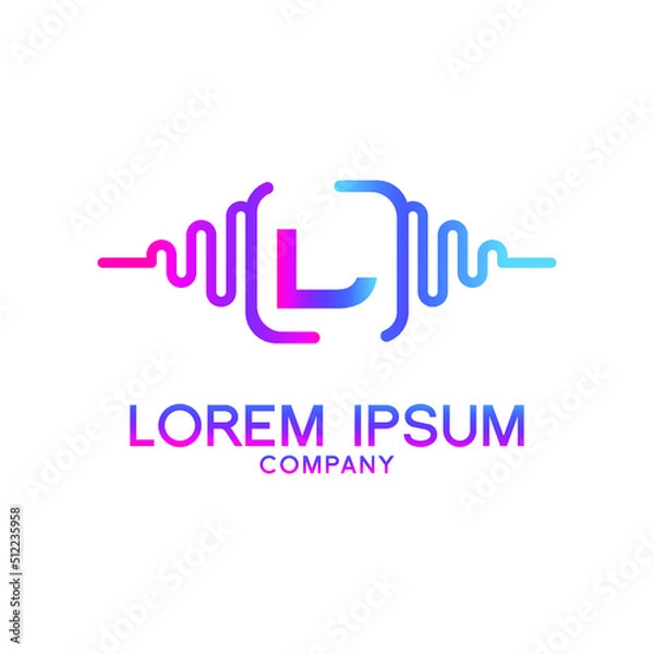 Fototapeta letter L with Pulse music player element. Logo template electronic music, equalizer, store, dj, nightclub, disco. Audio wave logo concept, Multimedia Technology themed, Abstract Shape vector
