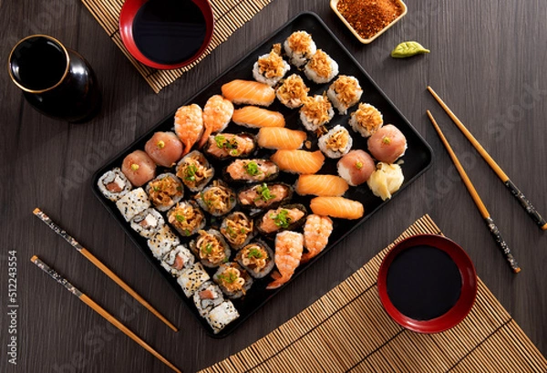 Obraz Top view Japanese food combo and crispy onions served in restaurant on black plate on wooden table
