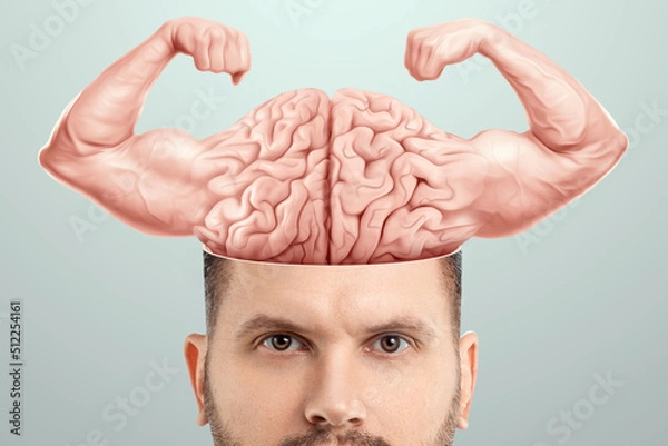 Obraz Male face and brain shows biceps, brain power, human organ. Concept training memory, intelligence, strong mind. mixed media.