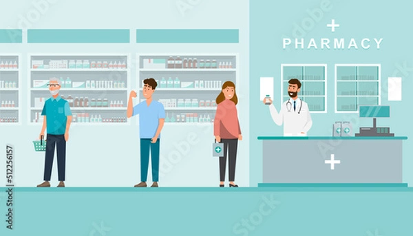 Obraz pharmacy with pharmacist and client in counter.