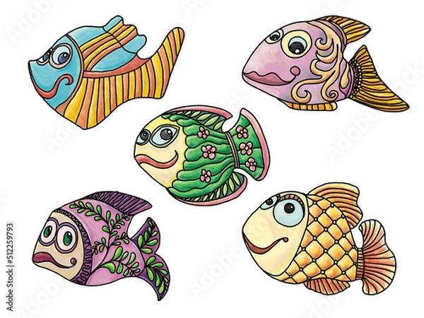 Obraz Set with bright fish on a white background. Decorative stylization.