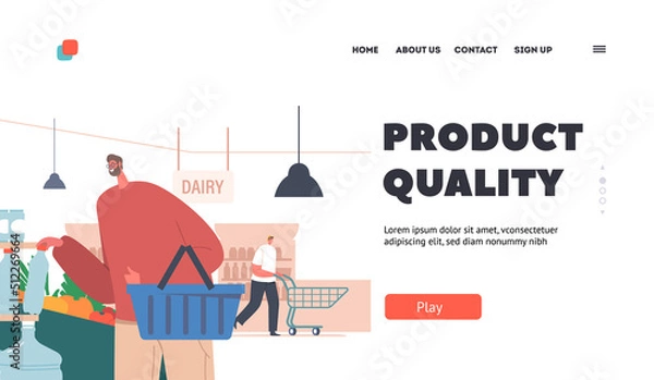 Obraz Product Quality Landing Page Template. Man Visiting Supermarket or Grocery, Customer Male Character Choose Production