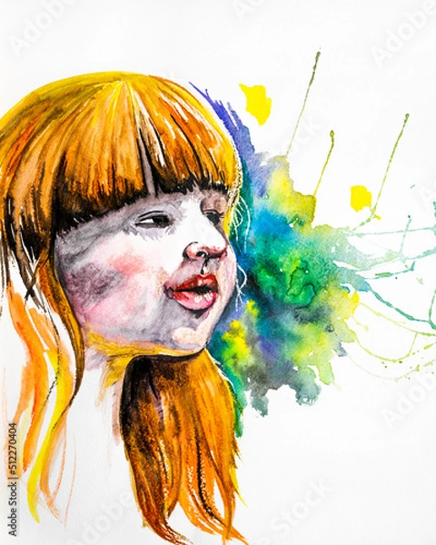 Obraz Young girl's face shined by the summer sun with colorful background. Watercolor illustration. 