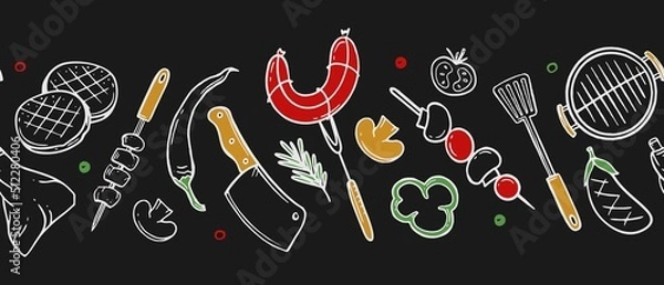 Obraz Horizontal pattern with grill and barbecue elements for restaurant bar cafe menu on black background Vector illustration of doodles