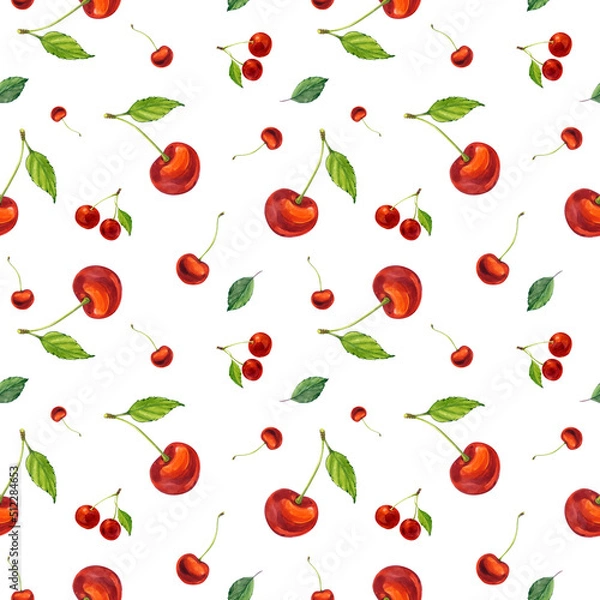 Obraz Red cherry. Seamless pattern. The cherry is painted in watercolor. For fabric, packaging, design.