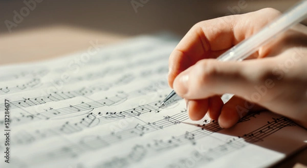 Obraz Handwritten notes and female hand holding a pen and writing notes, composing music, selective focus