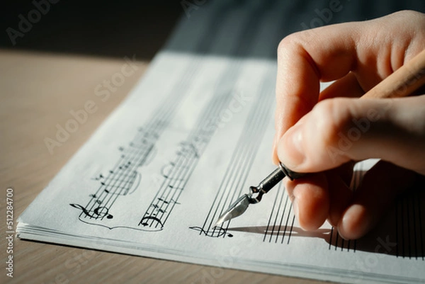 Obraz Sheet with notes and a woman's hand drawing notes with an ink pen, writing music, selective focus