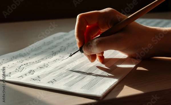 Obraz Sheet with notes and a woman's hand drawing notes with an ink pen, writing music, selective focus