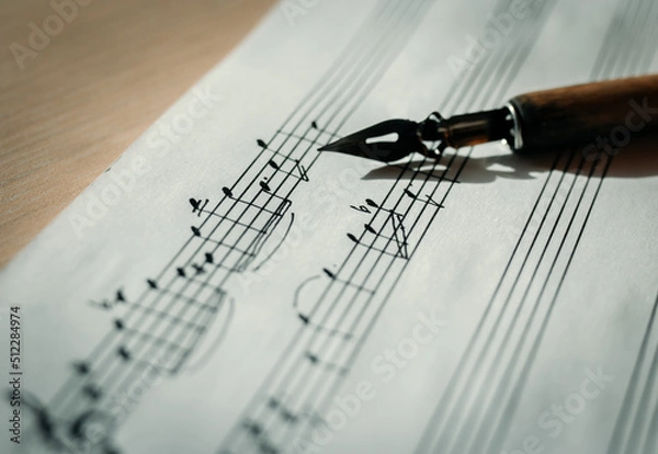 Obraz Music sheet, sheet music and feather, concept of composing music, music background