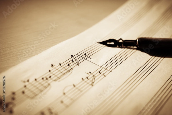 Obraz Music sheet, sheet music and feather, concept of composing music, music background
