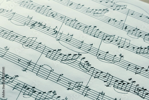 Obraz Music notes macro background, handwritten notes, selective focus