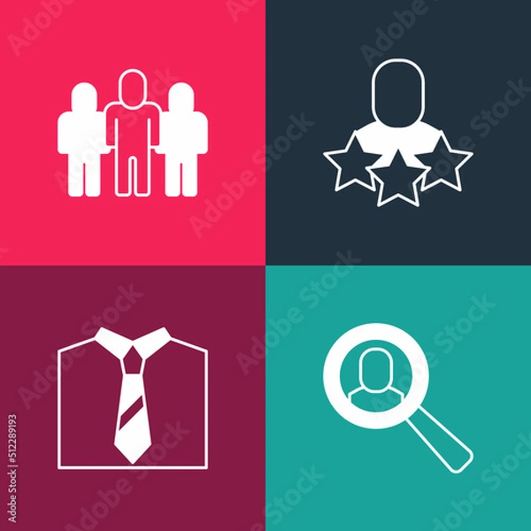 Fototapeta Set pop art Magnifying glass for search job, Tie, Productive human and Project team base icon. Vector