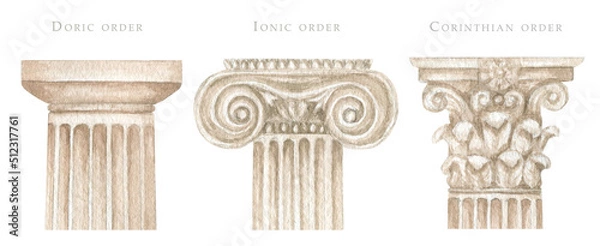 Obraz Watercolor antique column corinthian ionic doric order, Ancient Classic Greek pillar set, Roman Columns, Architecture facade elements Realistic drawing illustration isolated on white background