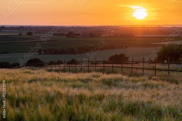 Fototapeta A golden sunset over the rolling hills in Banholt, south Limburg in the Netherlands creating holiday vibes. The views and the warm glow over the landscape create a feeling of being in the Mediterranea