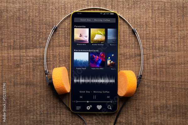Fototapeta Streaming service. Listen music online concept online music player app on smartphone
