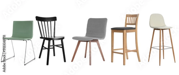 Fototapeta Set with different stylish chairs on white background. Banner design