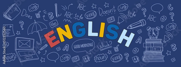 Fototapeta English language learning concept vector illustration. Doodle of foreign language education course.