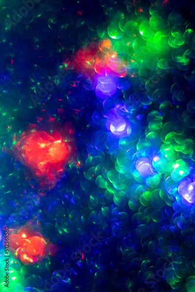 Fototapeta Abstract creative background with blurred bokeh, colorful bright color backdrop, dark blue futuristic wallpaper, round bokeh in shape of a circle. Night neon lights.