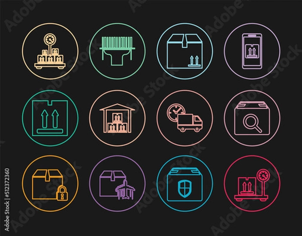 Obraz Set line Scale with cardboard box, Search package, Cardboard traffic, Warehouse, Delivery truck and clock and Scanner scanning bar code icon. Vector