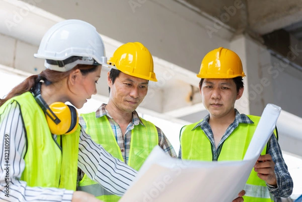 Fototapeta Asian engineer or Young Female Architect put on a helmet for safety and talk with a contractor on a construction building factory project, Concept of Teamwork, Leadership concept.