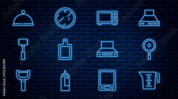 Fototapeta Set line Measuring cup, Frying pan, Microwave oven, Cutting board, Kitchen hammer, Covered with tray, extractor fan and icon. Vector