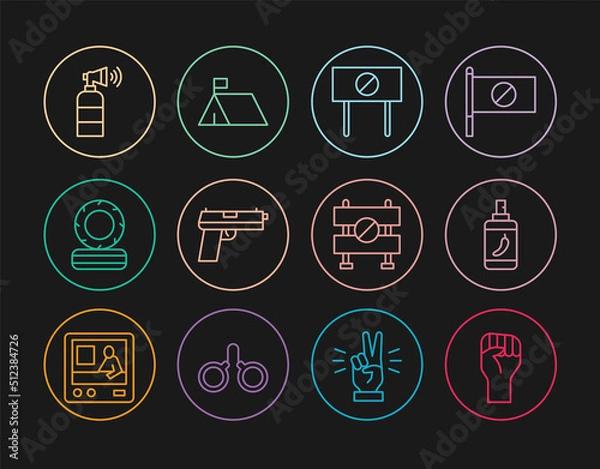 Obraz Set line Raised hand with clenched fist, Pepper spray, Protest, Pistol or gun, Lying burning tires, Air horn, Road barrier and camp icon. Vector