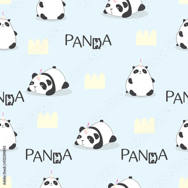 Fototapeta Vector. Hand-drawn pattern with cute pandas. Panda with unicorn horn. Lazy panda unicorn. Hand lettering panda and abstract hills. Cute design for the nursery. Seamless wallpaper
