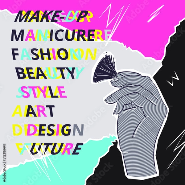 Obraz Vector abstract illustration of ricky with makeup brush in psychedelic style. Lettering. Design for poster, banner, postcard.