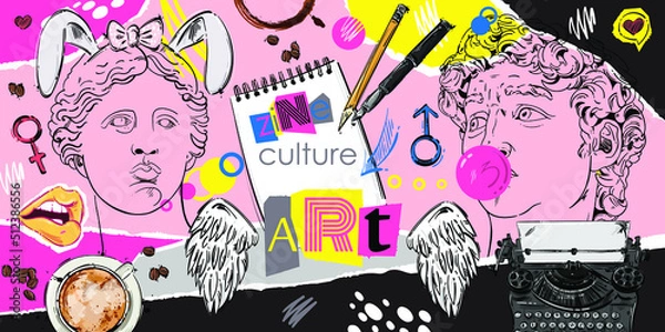Obraz Vector abstract illustration with Greek sculpture Venus de Milo and David, typewriter, notebook, pen and pencils in collage style. Background zine culture in psychedelic style.