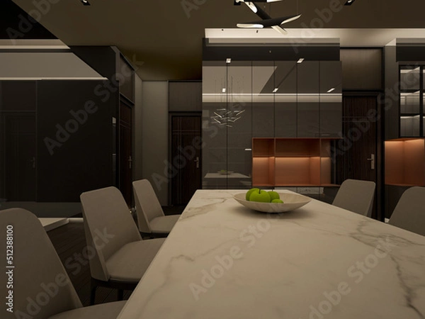 Fototapeta 3D Rendering of dining room with Bookcases
