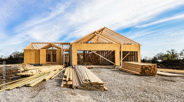Fototapeta New house under construction, front view from garage door entry with clouds blue sky. Framing of home exterior structure with pile of lumber and siding plamk leftover. Real estate business industry.