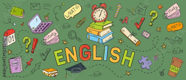 Fototapeta English language learning concept vector illustration. Doodle of foreign language education course for home online training study.