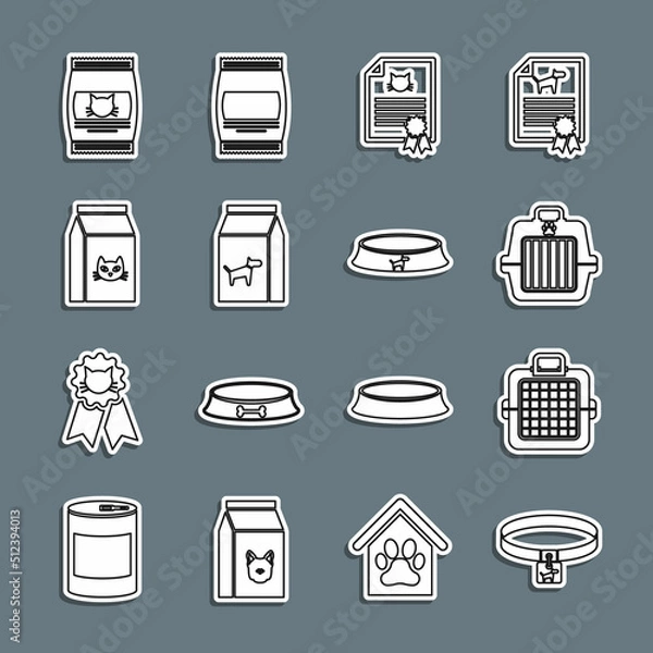 Obraz Set line Dog collar, Pet carry case, Certificate for dog or cat, Bag of food, and bowl icon. Vector