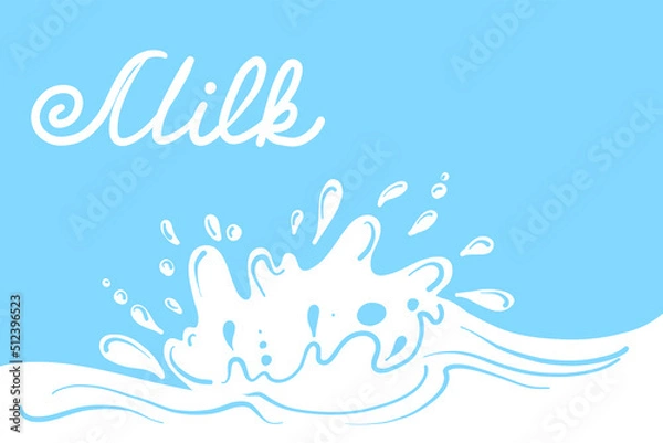 Fototapeta Milk splash banner. Dairy splashes, white creamy liquid drops. Fresh farm food, milk flowelement. Flat milkshake wave recent vector poster. Milk product background. Vector illustration