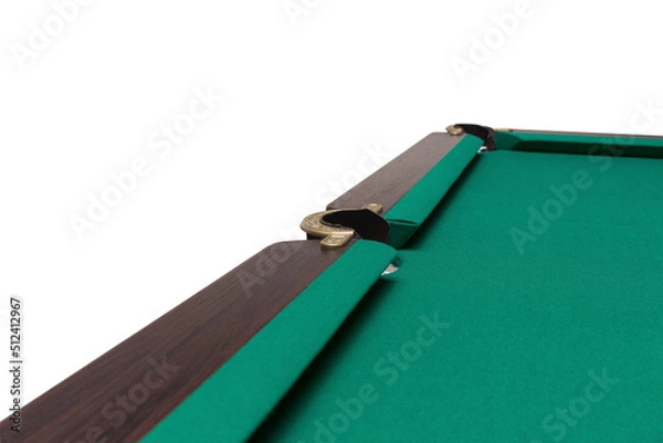 Fototapeta A pool table. Parts of a billiard table close-up. American pool table. Billiard pockets. Wooden billiard table.